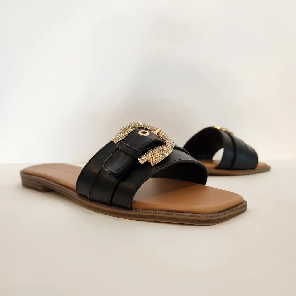 WILD DIVA LOUNGE Black Gold Faux Leather Crystal Embelished Buckle Womens 8.5